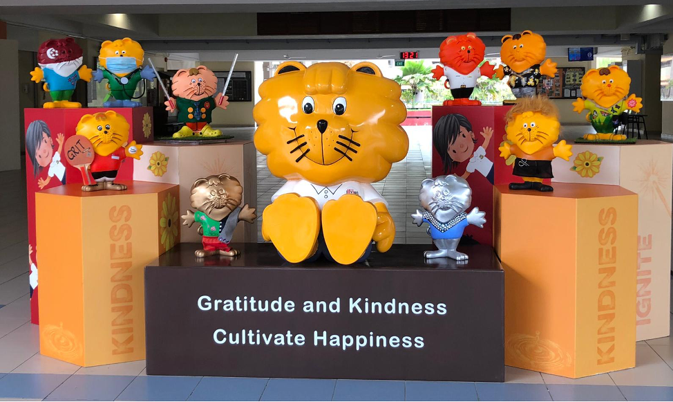 Colorful lion mascot figurines on orange pedestals with a sign reading Gratitude and Kindness Cultivate Happiness.